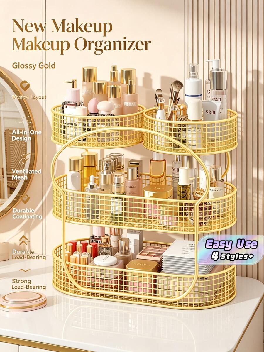 Metal Mesh Makeup Organizer, Large Capacity Vanity Countertop Cosmetic Storage Basket, Multi‑Compartment Skincare Display Rack - Multicolor - View 1