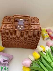 Small Vintage Style Picnic Bag, Vintage Storage Bag, Photography Accessories Organizing Box, Wicker Storage Basket, Gift Box - Khaki - View 6