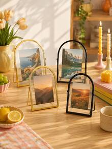 Cirelle 1pc Arched Metal Photo Frame, Desktop Tabletop Picture Holder, Vintage Curved Border Display Stand, Photo Keepsake Organizer, Table Ornament For Bedroom Dresser Shelf, Gift Choice For Memory Preservation, Gold & Black Tone Available - default - View 4