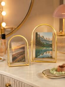 Cirelle 1pc Arched Metal Photo Frame, Desktop Tabletop Picture Holder, Vintage Curved Border Display Stand, Photo Keepsake Organizer, Table Ornament For Bedroom Dresser Shelf, Gift Choice For Memory Preservation, Gold & Black Tone Available - default - View 10