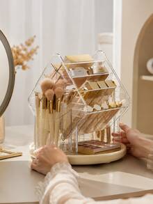 Cirelle 1Pc Rotatable Vanity Decor Organizer,Clear Transparent Structure With Partition Compartments,Organize Cosmetic Essentials,Modern Aesthetic,Housewarming Gift,Bedroom Living Room,Artistic Tabletop Decor For Daily Makeup Arrangement - default - View 9