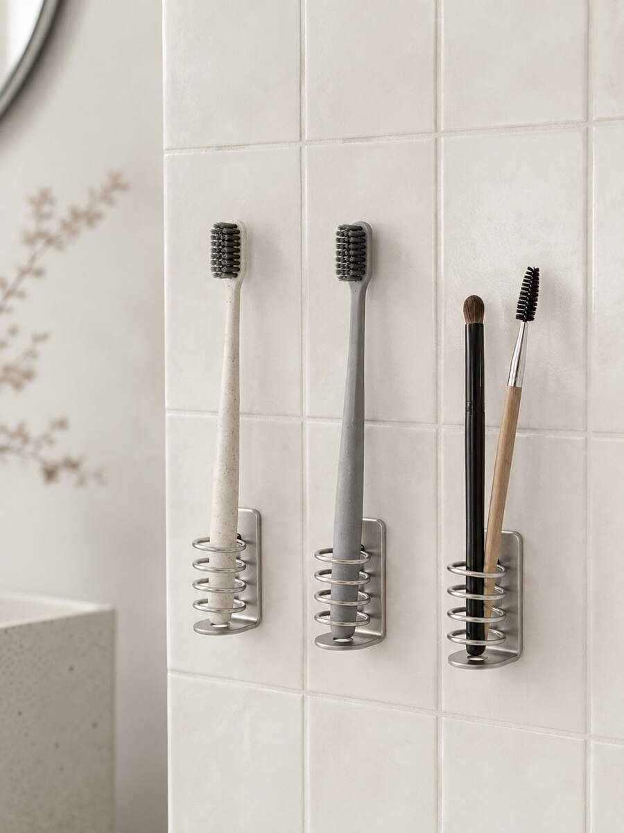 Cirelle 1/2pcs Wall Mounted Toothbrush Holder With Self-Adhesive Back, Compact No-Drill Adhesive Toothbrush Caddy, Space Saving Metal Toothbrush Stand For Bathroom Sink, Rust-Resistant Small Brush Organizer - Multicolor - View 1
