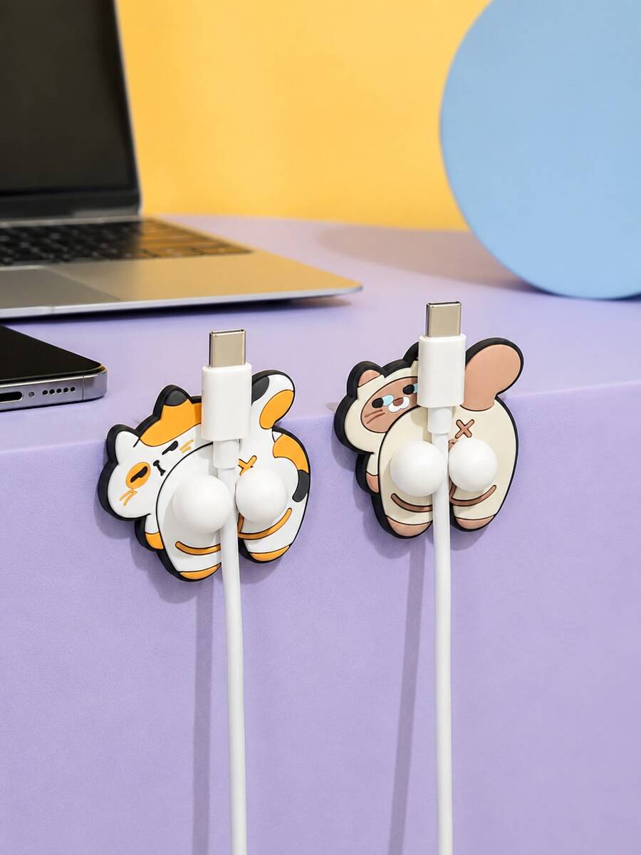 Joivida 1pc/2pcs Cat Shape Cable Organizer, Cute Silicon Cord Holder For Desk, Data Line Manager For Headphones, Charging Cables, Desk Accessory, Tangle-Free, Portable, Gift For Cat Lovers - Multicolor - View 1