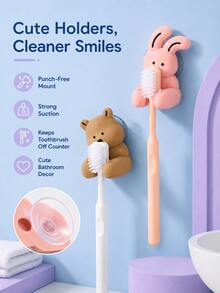 Joivida 1pc Cute Little Rabbit. Bear Toothbrush Holder. Hole-Less Wall-Mounted Bear-Shaped Toothbrush Holder. Desktop Cable Organizer With A Hanging Hook, Suitable For The Bathroom. Desktop Organization. - Multicolor - View 5