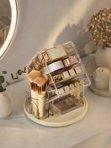 Cirelle 1Pc Rotatable Vanity Decor Organizer,Clear Transparent Structure With Partition Compartments,Organize Cosmetic Essentials,Modern Aesthetic,Housewarming Gift,Bedroom Living Room,Artistic Tabletop Decor For Daily Makeup Arrangement - default - View 8