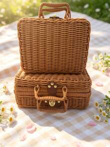Small Vintage Style Picnic Bag, Vintage Storage Bag, Photography Accessories Organizing Box, Wicker Storage Basket, Gift Box - Khaki - View 5