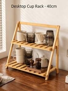 1pc Foldable 2‑Tier Bamboo Cup Storage Rack, No‑Assembly Countertop Coffee Mug Organizer, Slatted Desktop Display Shelf For Kitchen, Multiple Sizes & Colors - Multicolor - View 7