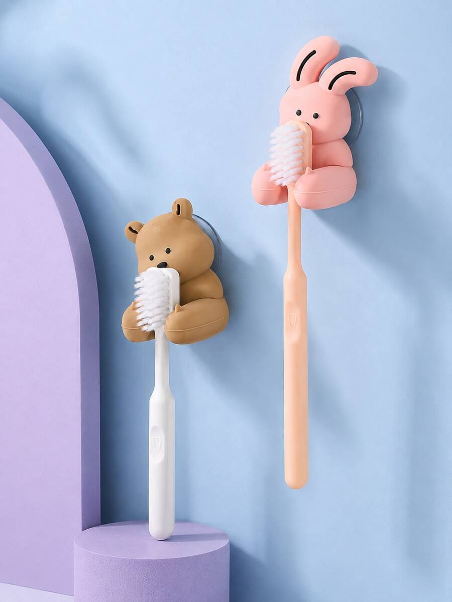 Joivida 1pc Cute Little Rabbit. Bear Toothbrush Holder. Hole-Less Wall-Mounted Bear-Shaped Toothbrush Holder. Desktop Cable Organizer With A Hanging Hook, Suitable For The Bathroom. Desktop Organization. - Multicolor - View 1