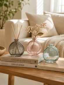 Cirelle 1pc Flat Round Tinted Glass Vase, Multi‑Purpose Decorative Bottle, Minimalist Tabletop Accent For Dried Blooms And Reed Diffuser Sticks, Home Shelf Cabinet Decor Piece - multicolor - View 1