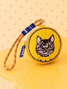 Joivida 1pc Cute Embroidered Cat & Heart Coin Purse Keychain, Mini Round Zipper Wallet With Detachable Wrist Strap, Portable Earbud & Small Essentials Pouch For Women & Girls, Kawaii Everyday Bag Charm Gift - Multicolor - View 2