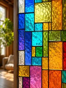 Cirelle 1pc Stained Glass Window Film, Rainbow Geometric Mosaic Static Cling Window Decal, Decorative Privacy Window Sticker For Home Living Room Bedroom Bathroom Office Door Glass Panel, Non‑Adhesive Removable Window Covering - Multicolor - View 3