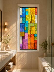 Cirelle 1pc Stained Glass Window Film, Rainbow Geometric Mosaic Static Cling Window Decal, Decorative Privacy Window Sticker For Home Living Room Bedroom Bathroom Office Door Glass Panel, Non‑Adhesive Removable Window Covering - Multicolor - View 6