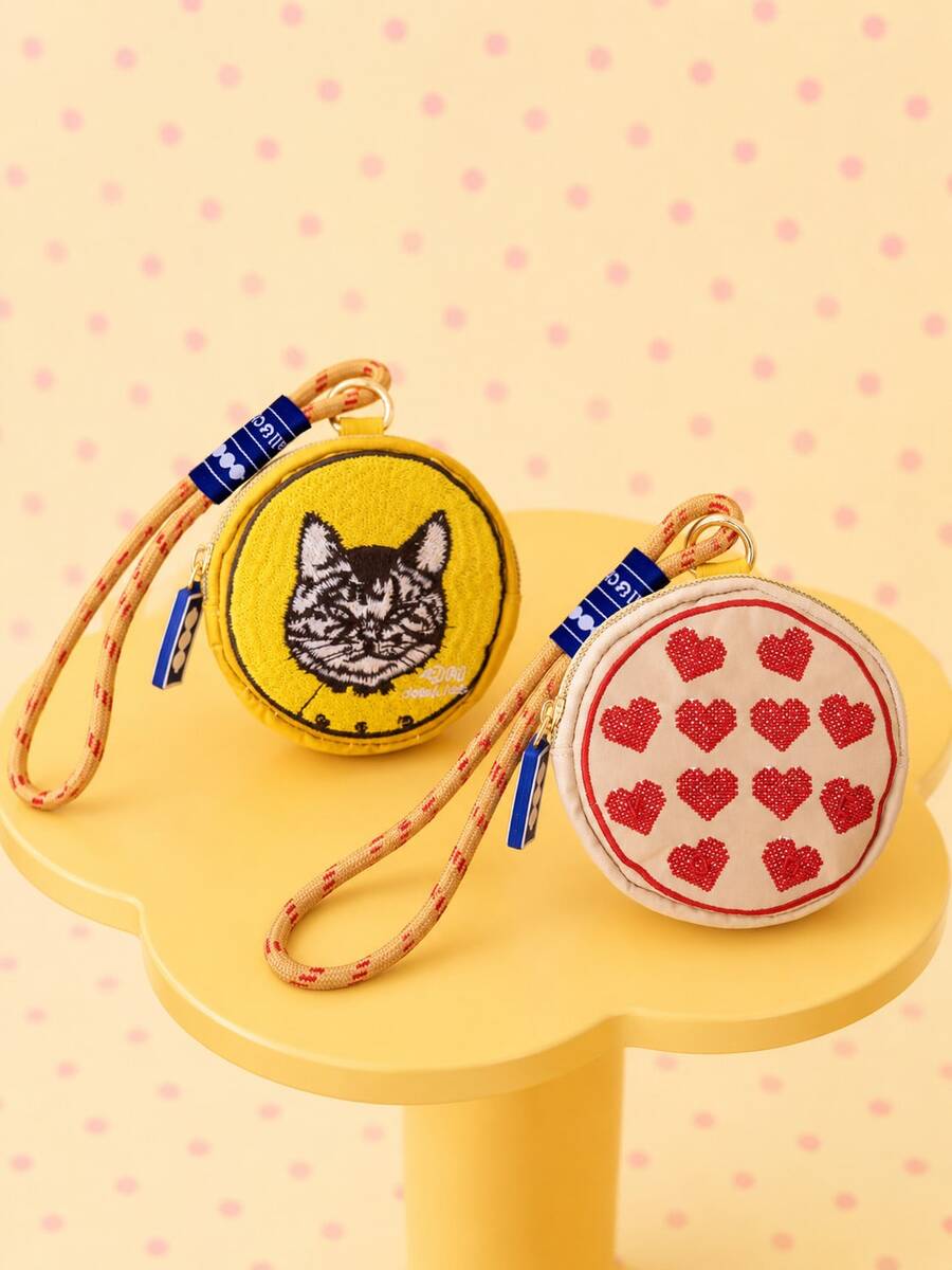 Joivida 1pc Cute Embroidered Cat & Heart Coin Purse Keychain, Mini Round Zipper Wallet With Detachable Wrist Strap, Portable Earbud & Small Essentials Pouch For Women & Girls, Kawaii Everyday Bag Charm Gift - Multicolor - View 1