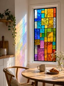 Cirelle 1pc Stained Glass Window Film, Rainbow Geometric Mosaic Static Cling Window Decal, Decorative Privacy Window Sticker For Home Living Room Bedroom Bathroom Office Door Glass Panel, Non‑Adhesive Removable Window Covering - Multicolor - View 1