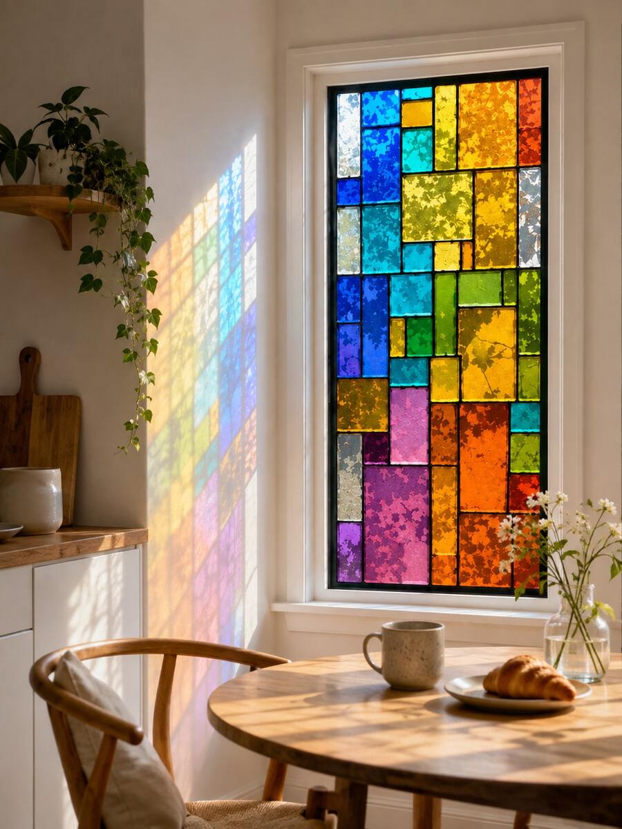 Cirelle 1pc Stained Glass Window Film, Rainbow Geometric Mosaic Static Cling Window Decal, Decorative Privacy Window Sticker For Home Living Room Bedroom Bathroom Office Door Glass Panel, Non‑Adhesive Removable Window Covering - Multicolor - View 1