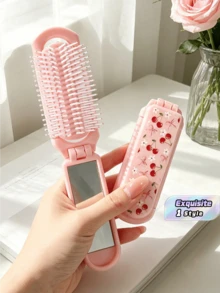 1pc Foldable Comb With Mirror, Pink Cherry Blossom, Bow & Flower Design, Compact Travel Comb, Suitable For Men & Women, Great Gift - Multicolor - View 1