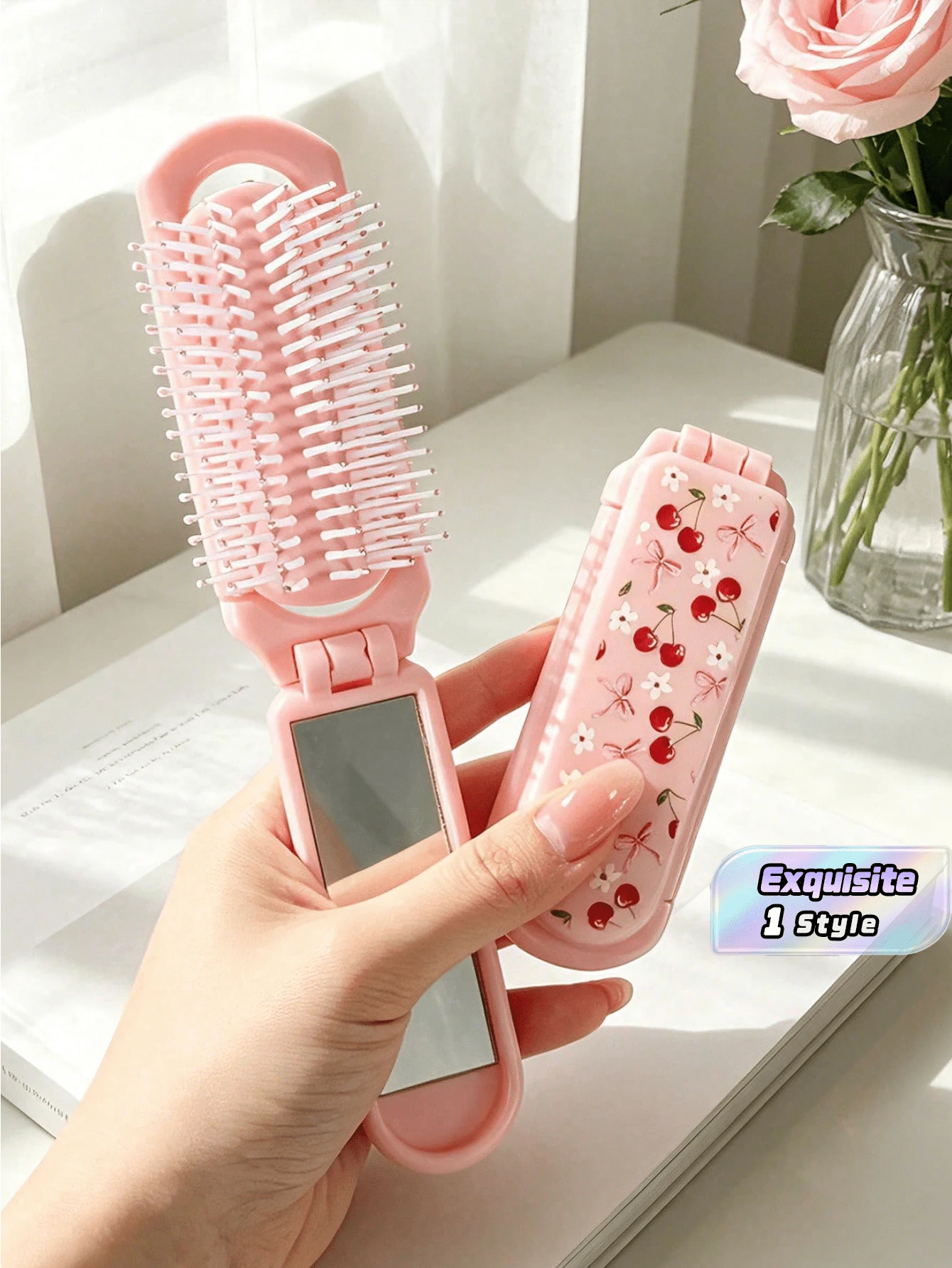 1pc Foldable Comb With Mirror, Pink Cherry Blossom, Bow & Flower Design, Compact Travel Comb, Suitable For Men & Women, Great Gift - Multicolor - View 1