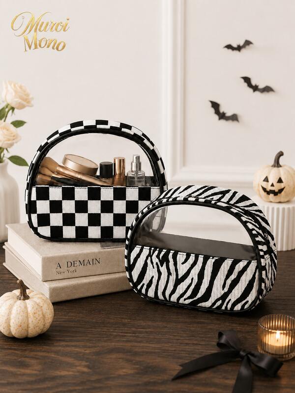 Muroi Mono Black‑White Series Cosmetic Bag, Zebra Leopard Argyle Houndstooth Print Makeup Pouch, Rhombus Plaid Storage Organizer With Clear Window, Portable Travel Toiletry Bag For Cosmetics Accessories Daily Storage