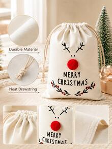 Cirelle 3Pcs Christmas Drawstring Gift Bags, 3D Pom‑Pom Red Nose Reindeer & Santa Claus Printed Design Pouch, Reusable Xmas Candy Treat Sack, Multi‑Purpose Storage Sack For Party Favor, Christmas Gift Wrapping, Goodie Bag For Xmas Decor Present Packaging - Multicolor - View 4