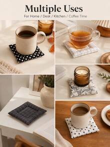 Muroi Mono Ins Style Black White Polka Dot Bow Quilted Coaster, Square Fabric Heat‑Resistant Cup Mat, Non‑Slip Table Decor, Photo Prop For Coffee Cup, Tabletop Ornament For Dining Table, Desk, Kitchen Countertop, Cafe, Tea House.Home&Living. - Black and white polka dot lattice - View 6