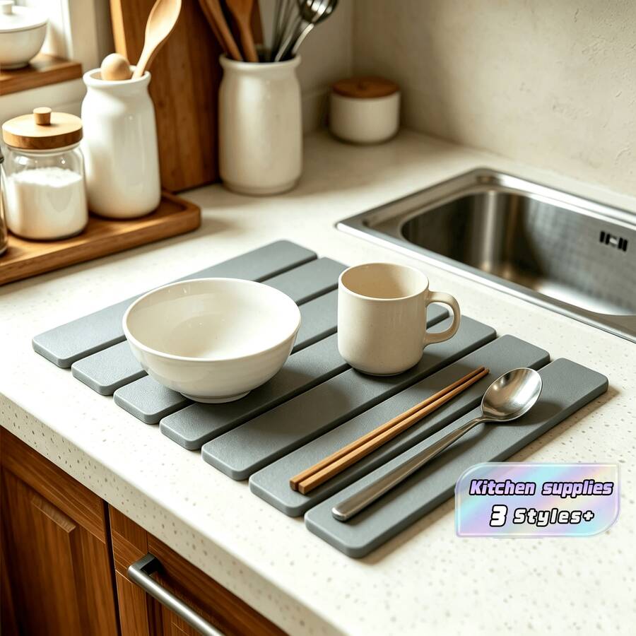 1pc Quick Drying Dish Mat, Silica Gel Absorbent Pad, Water Absorption Kitchen Counter Storage Mat, Rollable Dish Drying Rack, Non-Slip Sink Side Pad - Multicolor - View 1