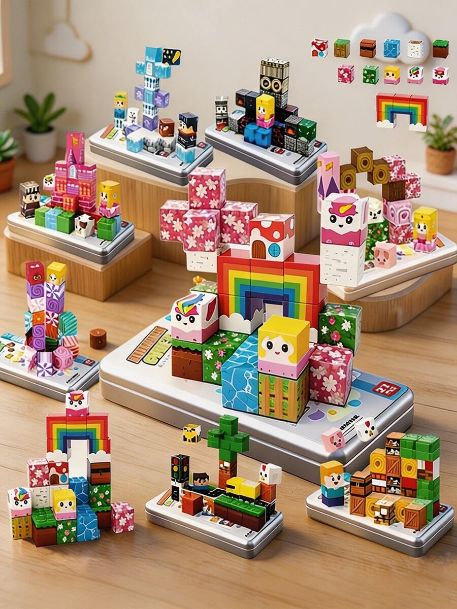 2CM-27PCS Magnetic Cube Building Blocks, 8 Styles Optional With Iron Storage Box, Colorful Pattern Magnet Blocks For DIY Scene Construction, Suitable For Kids Daily Play & Birthday Gifts, Back To School - Multicolor - View 1