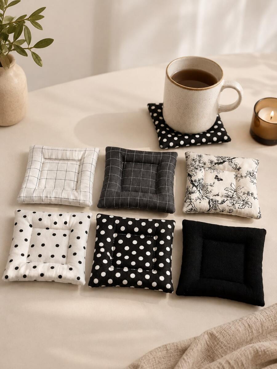 Muroi Mono Ins Style Black White Polka Dot Bow Quilted Coaster, Square Fabric Heat‑Resistant Cup Mat, Non‑Slip Table Decor, Photo Prop For Coffee Cup, Tabletop Ornament For Dining Table, Desk, Kitchen Countertop, Cafe, Tea House.Home&Living. - Black and white polka dot lattice - View 1