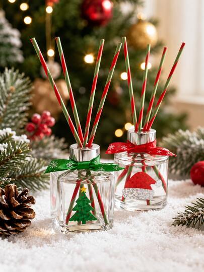 Cirelle 50ml Christmas Reed Diffuser, Air Freshener, Square & Round Glass Bottle, Natural Floral Scent Plant‑Derived Essential Oil, Long‑Lasting Fragrance Odor Eliminator With Diffuser Sticks, Xmas Home Decor Ornament Gift For Bedroom Living Room Bathroom