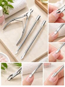 3 Set Stainless Steel Cuticle Pusher Remover Nipper Trimmer Professional Nail Tool Kit Salon Home Use Manicure Pedicure Essentials At Home Nail Care Tools - Silver - View 4