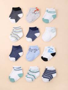 SHEIN Random 24/12/5 Pairs Baby Boys Socks 0-3T Cute Dinosaur Striped Pattern Soft Breathable Infant Toddler Ankle Socks Daily Wear Multipack Assorted Set - Multicolor - View 3
