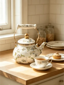 Cirelle Floral Enamel Kettle With Gold Handle – 1.2L /2.5L Stovetop Teapot For Gas Stove, Durable Home Kitchen Essential For Tea & Coffee, Rustic Farmhouse Decor - Multicolor - View 6