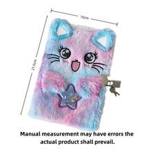 2 Styles Gradient Plush Cat Lockable Journal Notebook, Cute Cartoon Cat Diary Planner, Aesthetic Girls Heart Hand Writing Book - Tie-dye - View 8