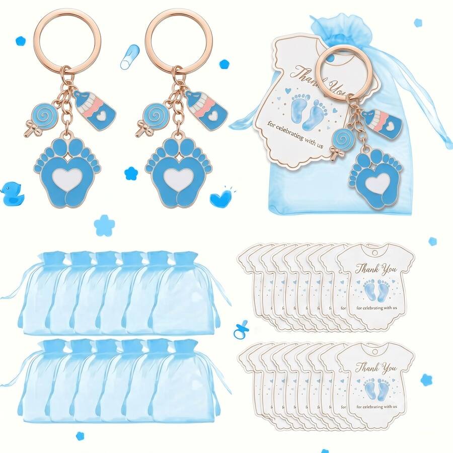 20 Sets Of Blue Footprint Bottle Shape Keychain Baby Bath Gift Set, With Drawstring Gift Bag And Thank You Card, Suitable For Baby Christening - Blue - View 1
