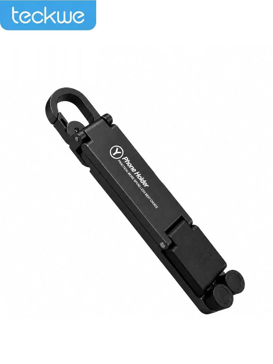 Teckwe Aluminum Alloy Mini Foldable Phone Stand With Keychain Carabiner, Portable Compact Travel Phone Holder, Adjustable Desktop Stand For Smartphones Up To 20.32 Cm - Black - View 1