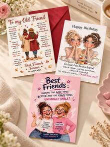 Joivida 1Pc Funny Humorous Friendship Birthday Greeting Card With Matching Envelope, Cute Playful Retro Girl Illustration Colorful Lettering Card, Sweet Friendship Anniversary Gift Card, 3 Styles Optional For Best Friend, Bestie, Sister & Close Friend - Multicolor - View 4