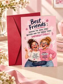 Joivida 1Pc Funny Humorous Friendship Birthday Greeting Card With Matching Envelope, Cute Playful Retro Girl Illustration Colorful Lettering Card, Sweet Friendship Anniversary Gift Card, 3 Styles Optional For Best Friend, Bestie, Sister & Close Friend - Multicolor - View 3
