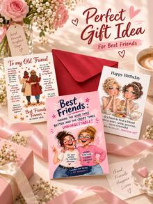 Joivida 1Pc Funny Humorous Friendship Birthday Greeting Card With Matching Envelope, Cute Playful Retro Girl Illustration Colorful Lettering Card, Sweet Friendship Anniversary Gift Card, 3 Styles Optional For Best Friend, Bestie, Sister & Close Friend - Multicolor - View 10