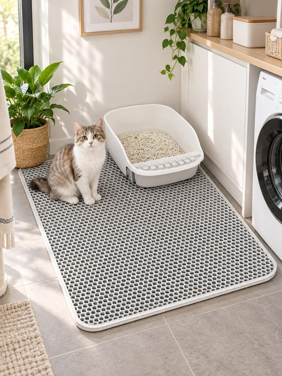 1Pc Random Color Extra Large Double Layer Cat Litter Trapping Mat, Non-Slip Washable Scratch Resistant Litter Filter Pad, Easy To Scoop Out From Litter Box, Use Near Trash Can, Toilet, Foot Mat & Cat Bed - Multicolor - View 1