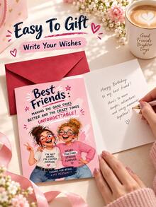Joivida 1Pc Funny Humorous Friendship Birthday Greeting Card With Matching Envelope, Cute Playful Retro Girl Illustration Colorful Lettering Card, Sweet Friendship Anniversary Gift Card, 3 Styles Optional For Best Friend, Bestie, Sister & Close Friend - Multicolor - View 7