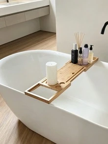 1pc High Quality Expandable Bamboo Bathtub Tray, Built-In Tablet & Phone Holder, Wine Rack, Fits 11 Inch Tablet, Bath Caddy For Bathroom - Bamboo - View 7