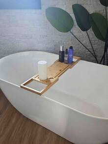 1pc High Quality Expandable Bamboo Bathtub Tray, Built-In Tablet & Phone Holder, Wine Rack, Fits 11 Inch Tablet, Bath Caddy For Bathroom - Bamboo - View 9
