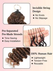 Boho Braids Extensiones de cabello humano trenzado con plumas de color marrón rojizo sólido #4 para mujer con cabello fino, cabello virgen de onda profunda con bucles preformados, cabello de remy 100% sedoso e invisible para peluquería - S4# - Ver 4