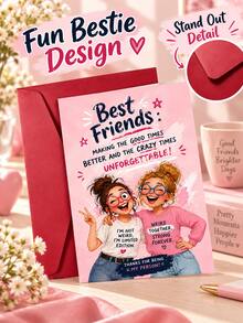 Joivida 1Pc Funny Humorous Friendship Birthday Greeting Card With Matching Envelope, Cute Playful Retro Girl Illustration Colorful Lettering Card, Sweet Friendship Anniversary Gift Card, 3 Styles Optional For Best Friend, Bestie, Sister & Close Friend - Multicolor - View 8