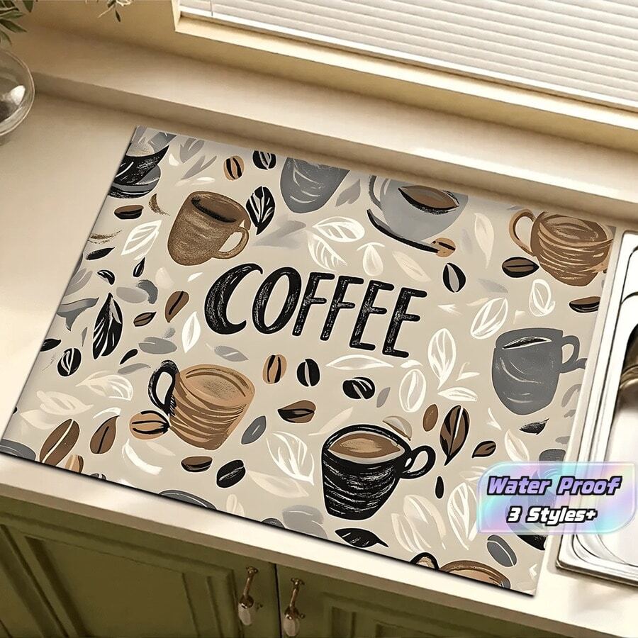 1pc Home Decor, Coffee Machine Water Absorption Mat, Counter Tableware Drying Pad, Diatomite Kitchen Dining Mat, Coffee Print Dish Drying Mat, Washable Anti-Slip Drainage Mat, Suitable For Kitchen Character Bar - Multicolor - View 1