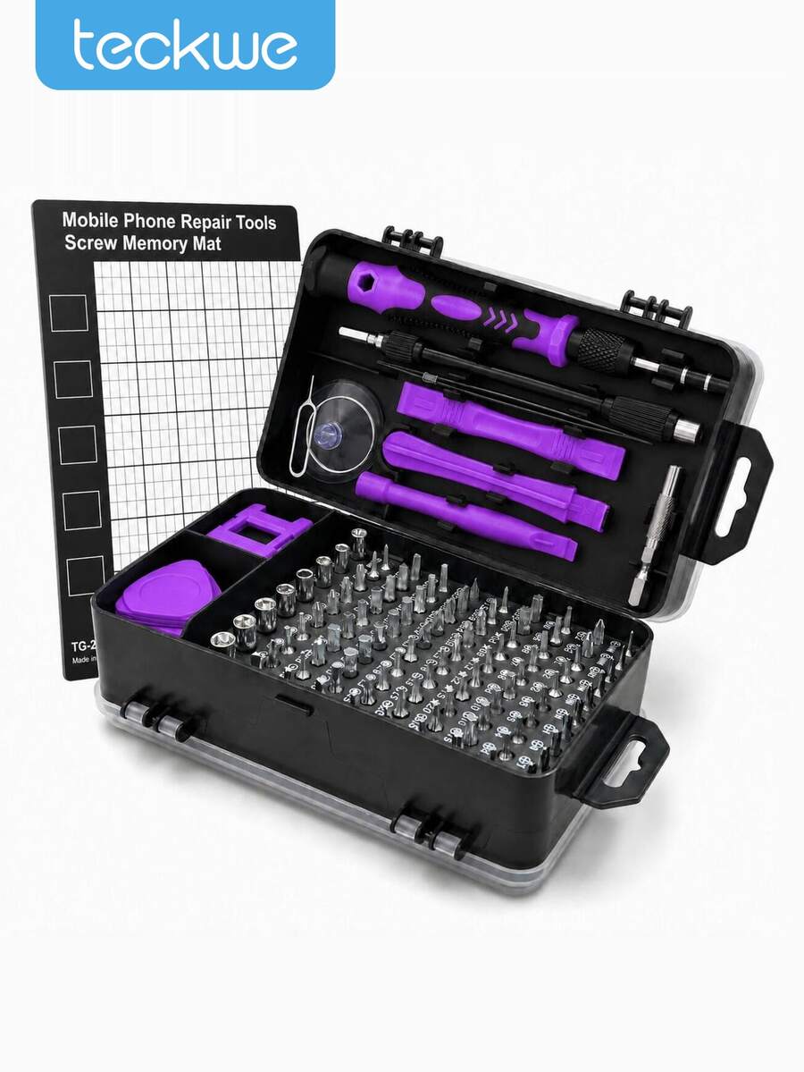 Teckwe 115pcs Electronics Repair Tool Set, Precision Screwdriver Kit, Ergonomic Non-Slip Handle, Screw Memory Mat, Extension Rod And Pry Tools, For Phones, Laptops, Cameras, Watches And Consoles - purple - View 1