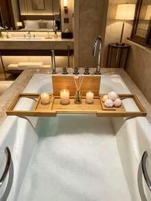 1pc High Quality Expandable Bamboo Bathtub Tray, Built-In Tablet & Phone Holder, Wine Rack, Fits 11 Inch Tablet, Bath Caddy For Bathroom - Bamboo - View 8
