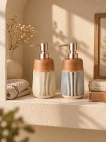 Cirelle 1pc Striped Refillable Soap Dispenser, Countertop Liquid Pump Bottle, Household Lotion Container, Dual‑Tone Decorative Hand Wash Storage Vessel For Sink Area,Suitable For Housewarming Gifts, Event Gifts, And Creating A Unique Home Atmosphere - default - View 6