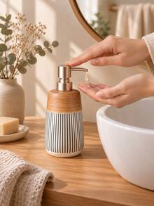 Cirelle 1pc Striped Refillable Soap Dispenser, Countertop Liquid Pump Bottle, Household Lotion Container, Dual‑Tone Decorative Hand Wash Storage Vessel For Sink Area,Suitable For Housewarming Gifts, Event Gifts, And Creating A Unique Home Atmosphere - default - View 7