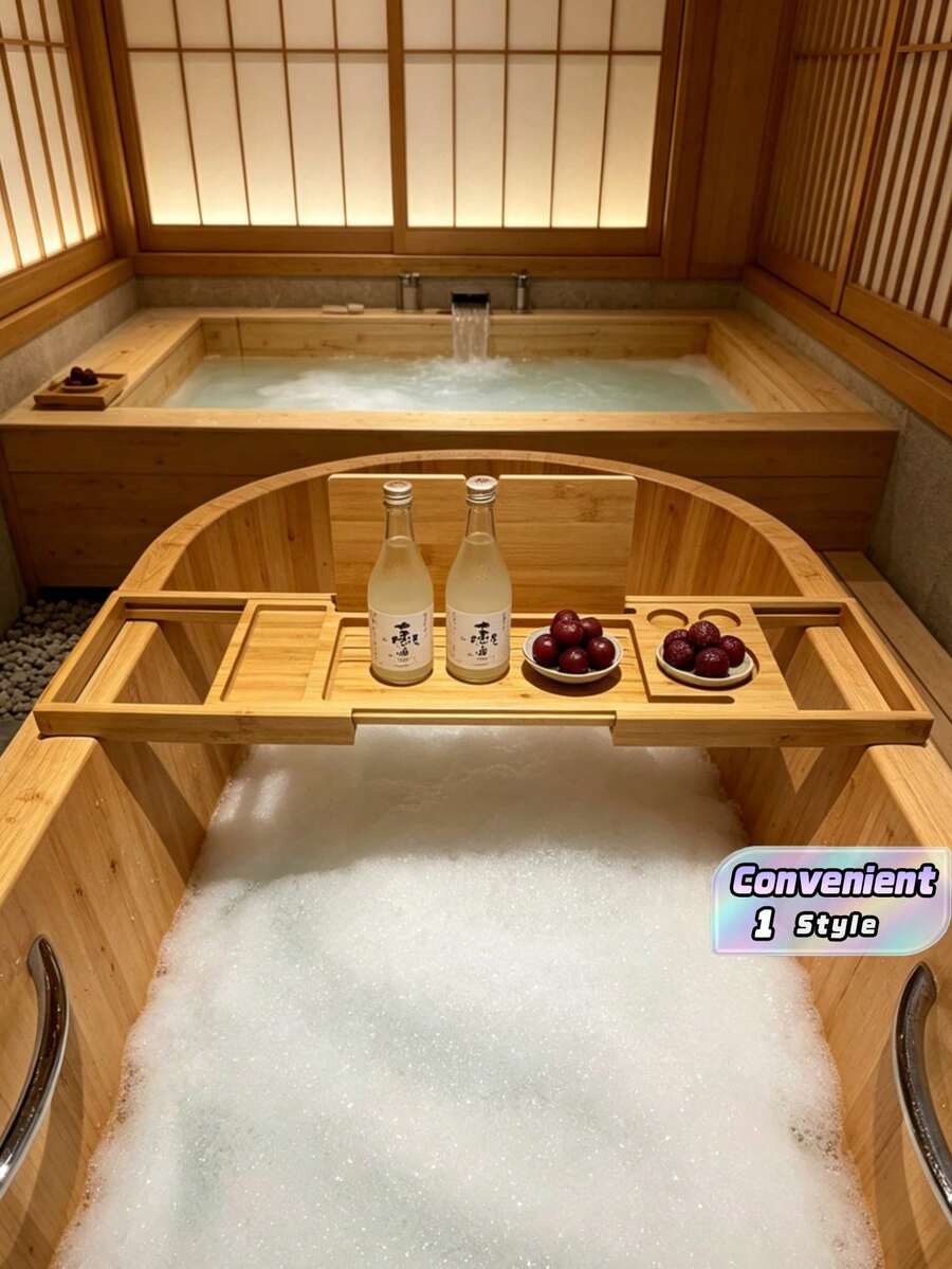 1pc High Quality Expandable Bamboo Bathtub Tray, Built-In Tablet & Phone Holder, Wine Rack, Fits 11 Inch Tablet, Bath Caddy For Bathroom - Bamboo - View 1