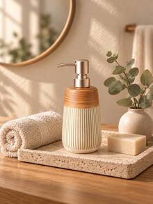 Cirelle 1pc Striped Refillable Soap Dispenser, Countertop Liquid Pump Bottle, Household Lotion Container, Dual‑Tone Decorative Hand Wash Storage Vessel For Sink Area,Suitable For Housewarming Gifts, Event Gifts, And Creating A Unique Home Atmosphere - default - View 5